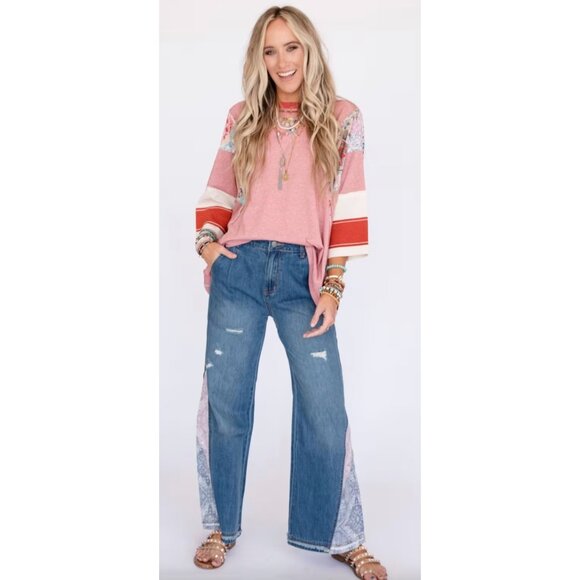 Three Bird Nest Oversied Boho Patchwork Top, Size Small - Picture 3 of 15